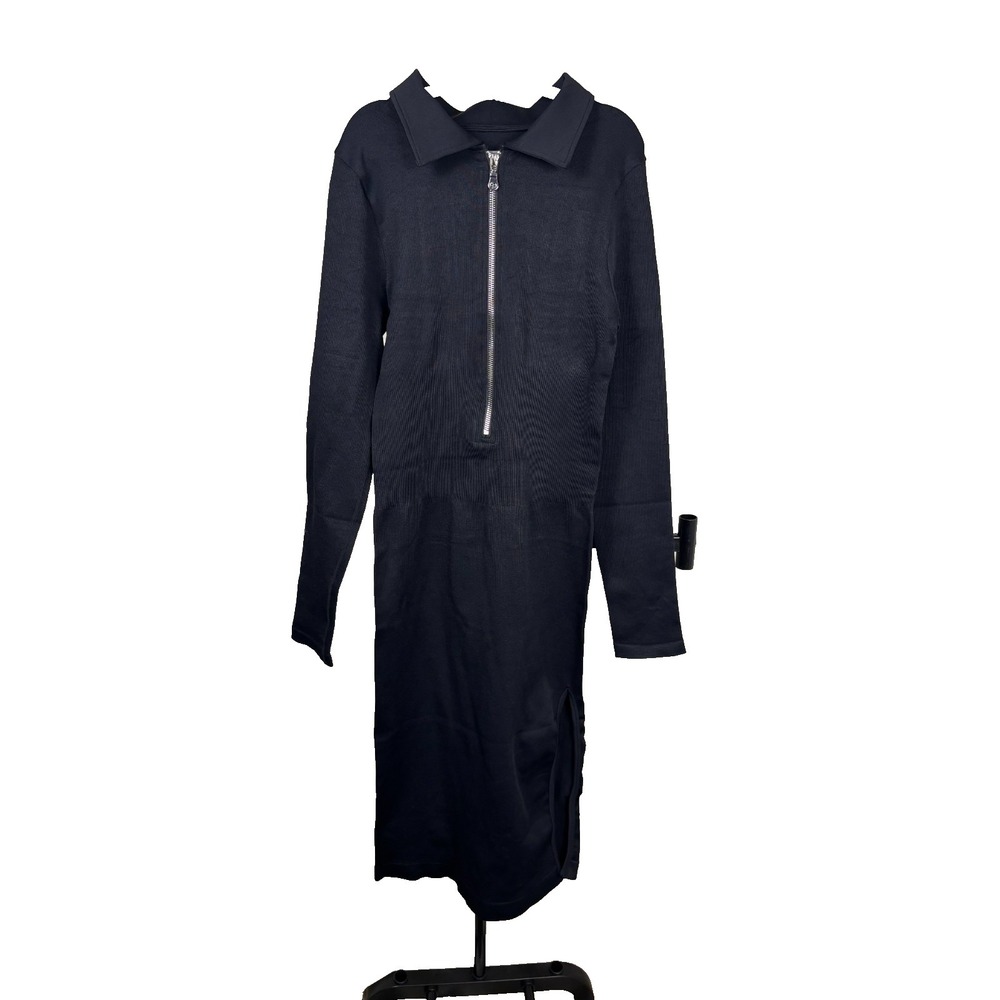 OQQ Black Half Zip Midi Sweater Dress Polo Collar Side Slit Womens Size XL NWOT